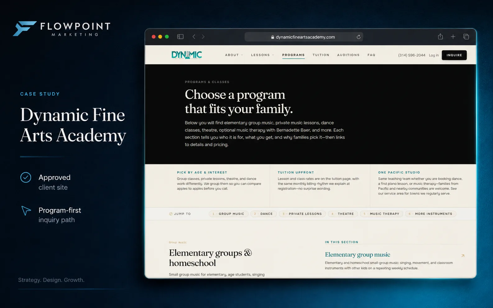 Dynamic Fine Arts Academy programs and classes page case study by Flowpoint Marketing: program-first structure for parents choosing music, dance, or theatre in Pacific, Missouri.