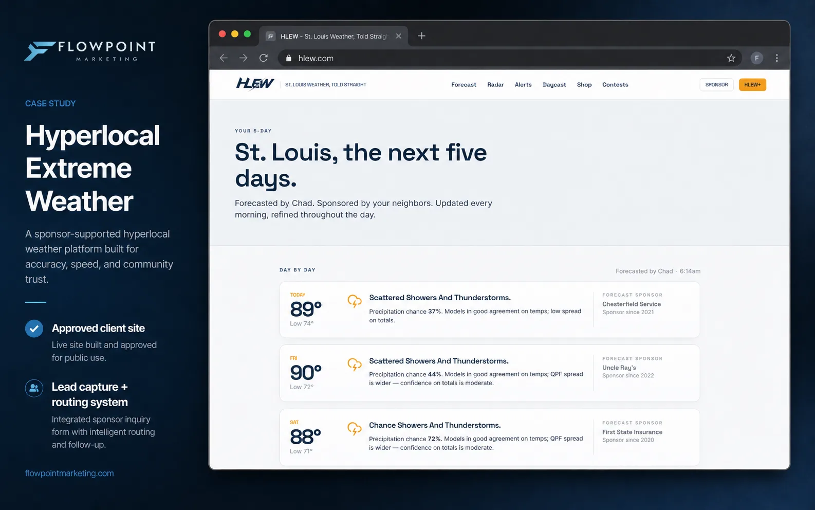 Hyperlocal Extreme Weather case study by Flowpoint Marketing: browser view of the St. Louis day-by-day forecast with local sponsor placements and lead routing.