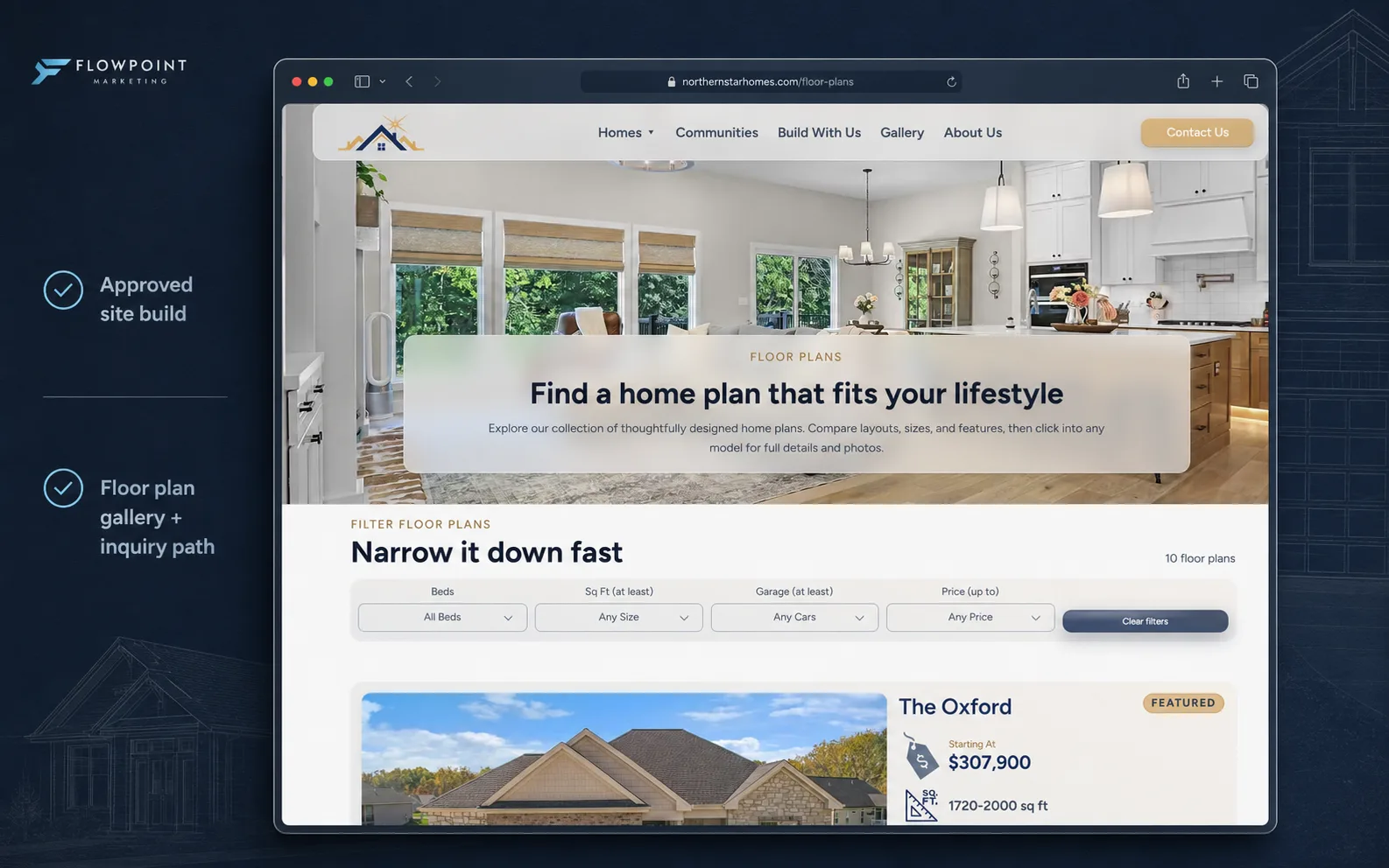 Northern Star Homes floor plans gallery case study by Flowpoint Marketing: filterable home plans with beds, square footage, and price for a Washington, Missouri custom builder.