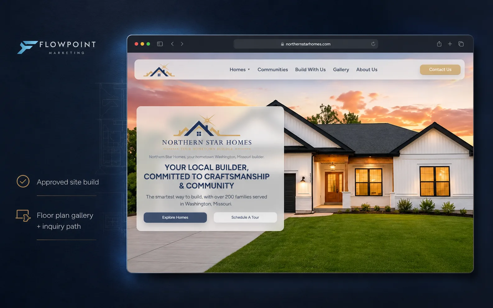 Northern Star Homes homepage case study: Washington, Missouri custom home builder site with craftsmanship-focused hero and Explore Homes call to action, built by Flowpoint Marketing.