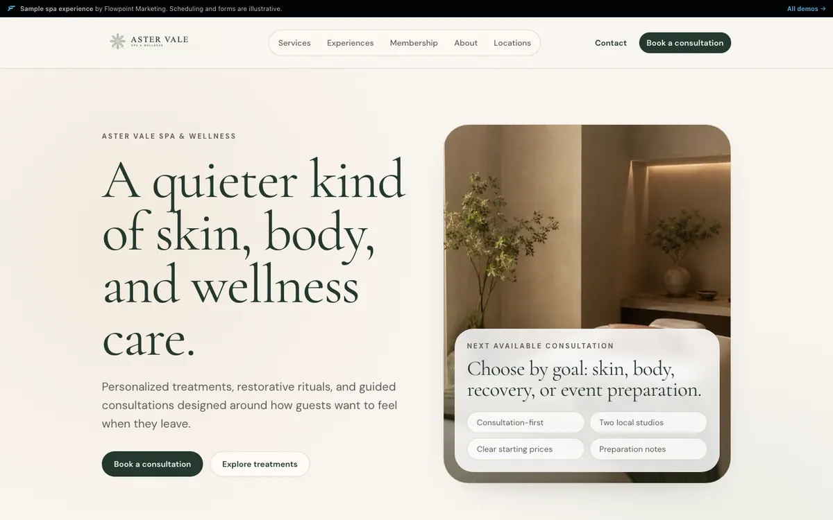 Homepage of the fictional Aster Vale Spa & Wellness demo site, treatment discovery and booking paths. Example build, not a client.