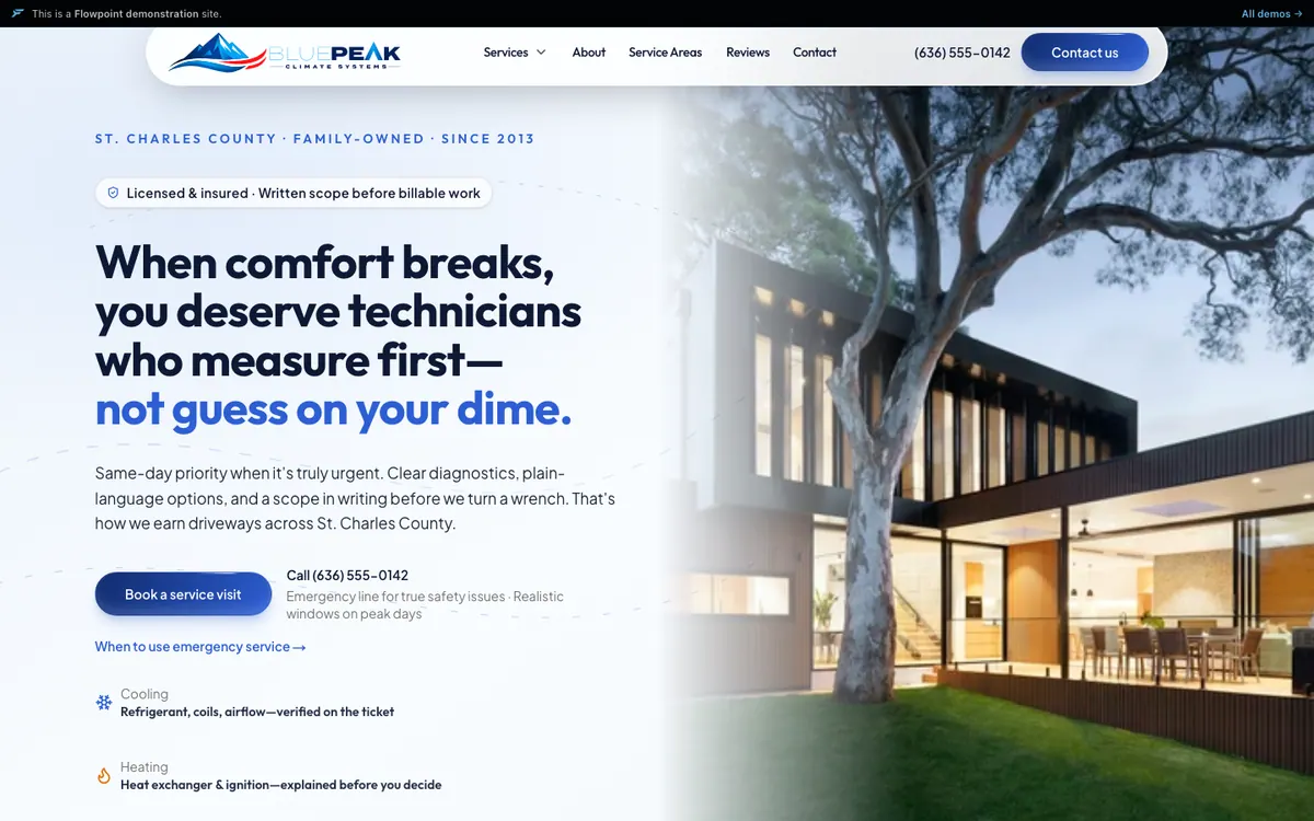 Homepage of the fictional Blue Peak Climate HVAC demo site, showing hero, services, and lead paths. Example build, not a client.