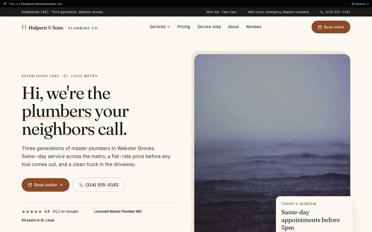 Homepage of the fictional Halpern & Sons Plumbing demo site, editorial trust-first layout. Example build, not a client.