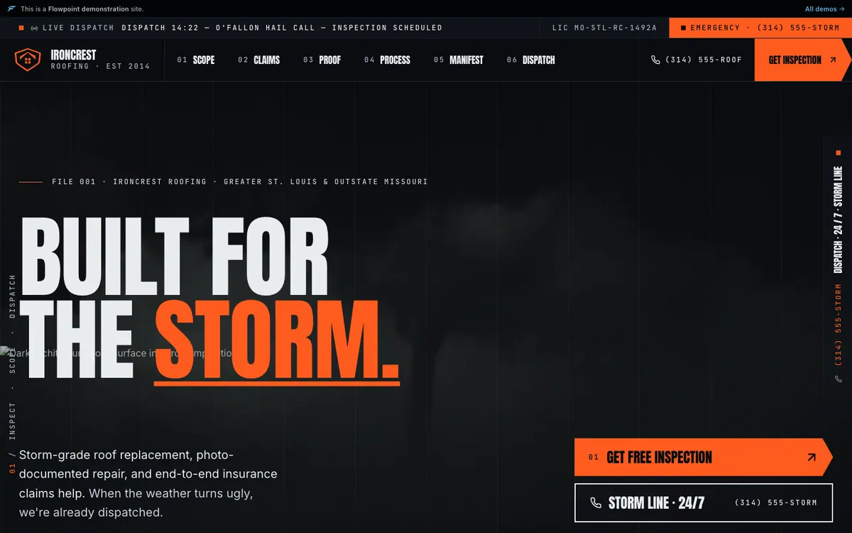 Homepage of the fictional Ironcrest Roofing demo site, storm-response framing and inspection CTA. Example build, not a client.