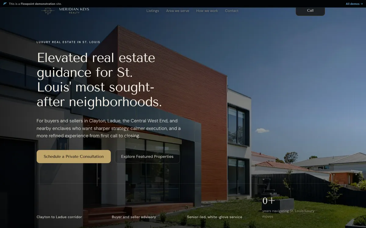 Homepage of the fictional Meridian Keys Realty demo site, luxury team walk-through. Example build, not a client.