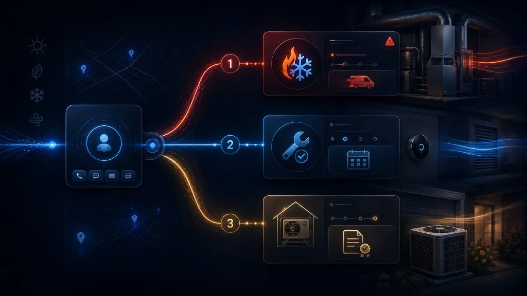 Illustrated HVAC marketing path splitting emergency repair, tune-up, and replacement estimate leads into separate follow-up routes.