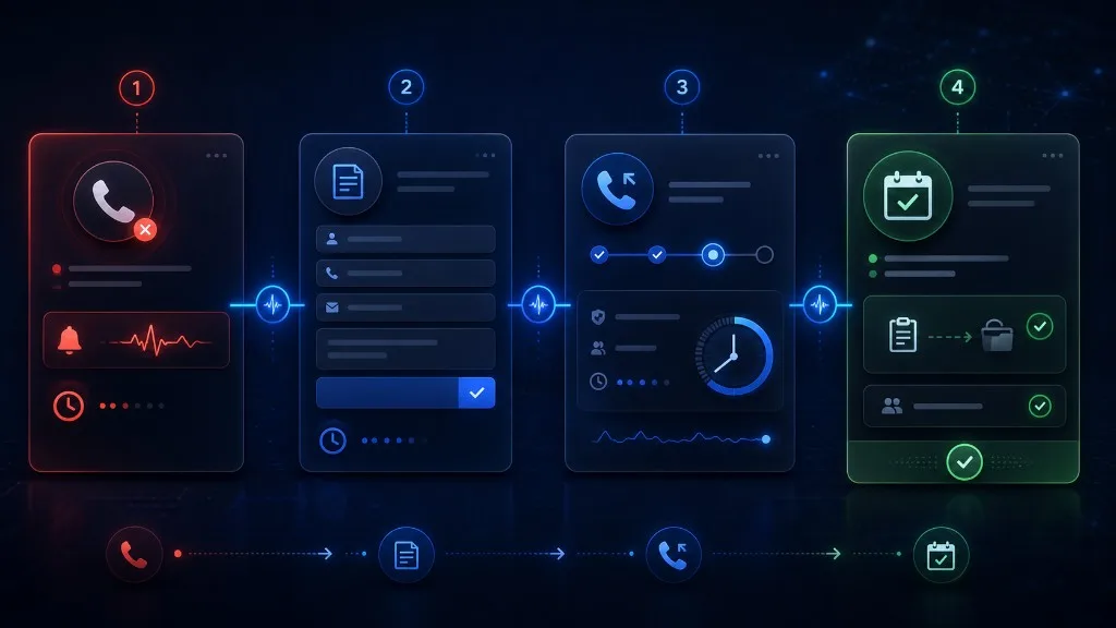 Illustrated contractor speed-to-lead system showing missed call recovery, form routing, callback ownership, and booked-job handoff.