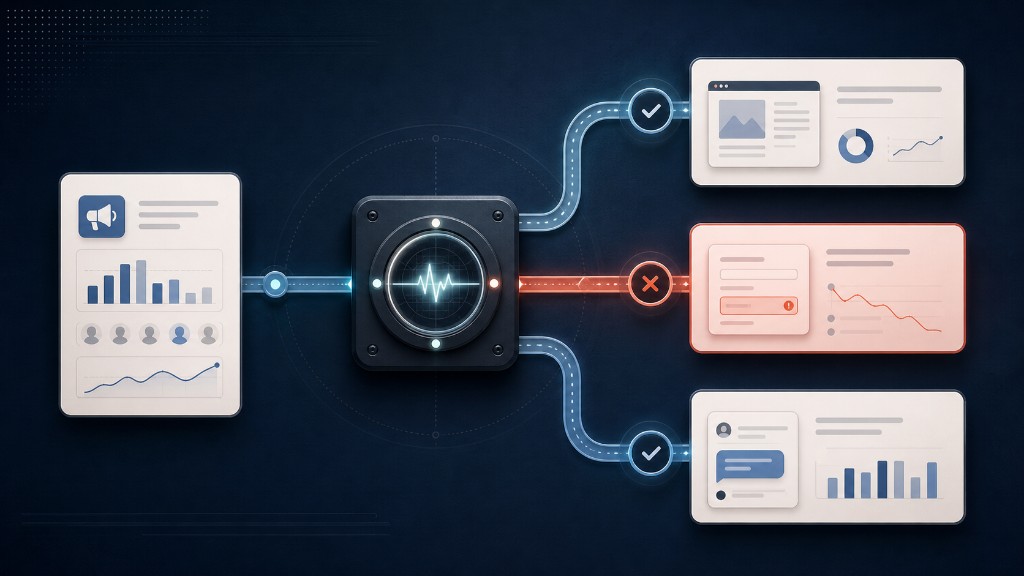 Illustrated diagnostic system splitting a business bottleneck into ads, website, and follow-up paths to show where performance breaks first.