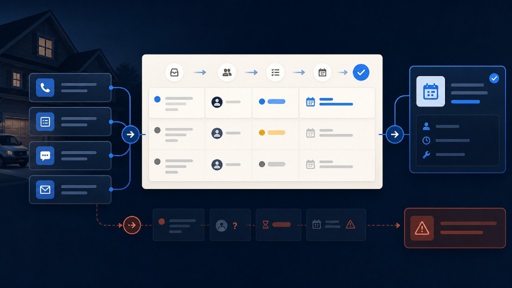 Illustrated home-service lead handoff system showing calls and forms entering a clear ownership path that moves toward booked outcomes.
