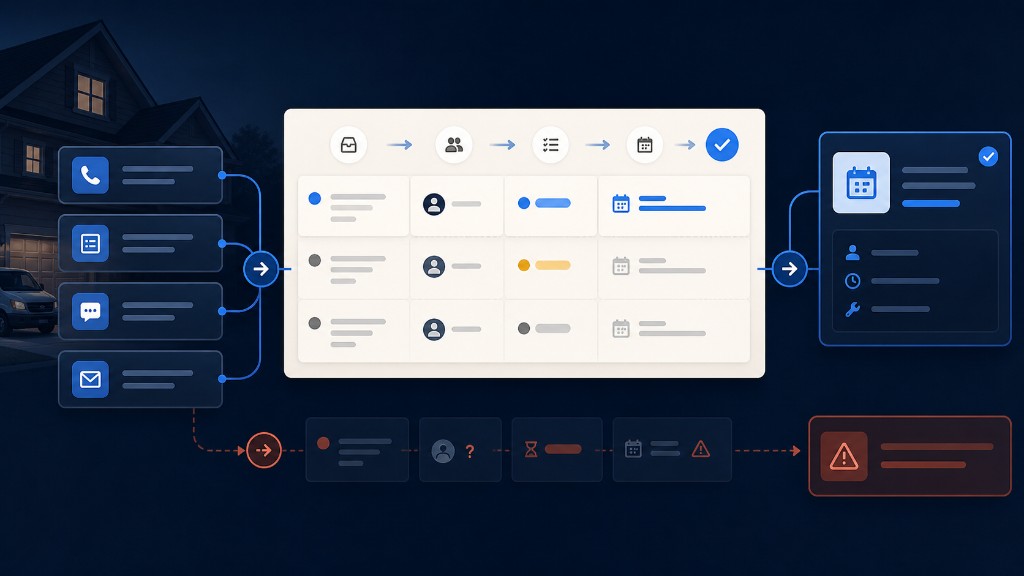 Illustrated home-service lead handoff system showing calls and forms entering a clear ownership path that moves toward booked outcomes.