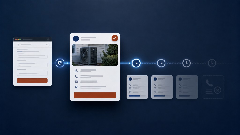 Illustrated form submission entering a delayed handoff path where home-service leads go cold.