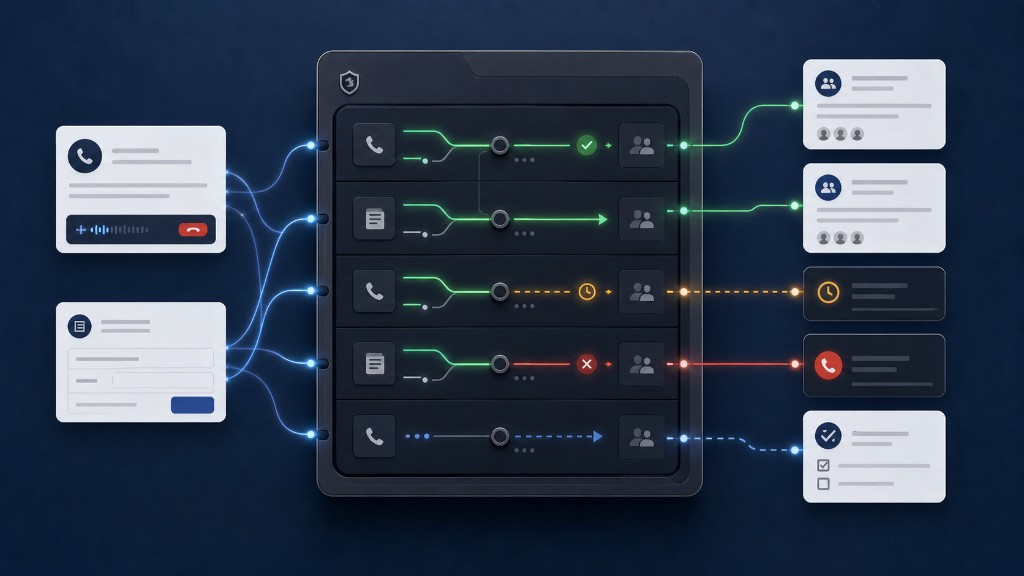 Illustrated home-service lead system showing response speed, routing, and booked-work flow.