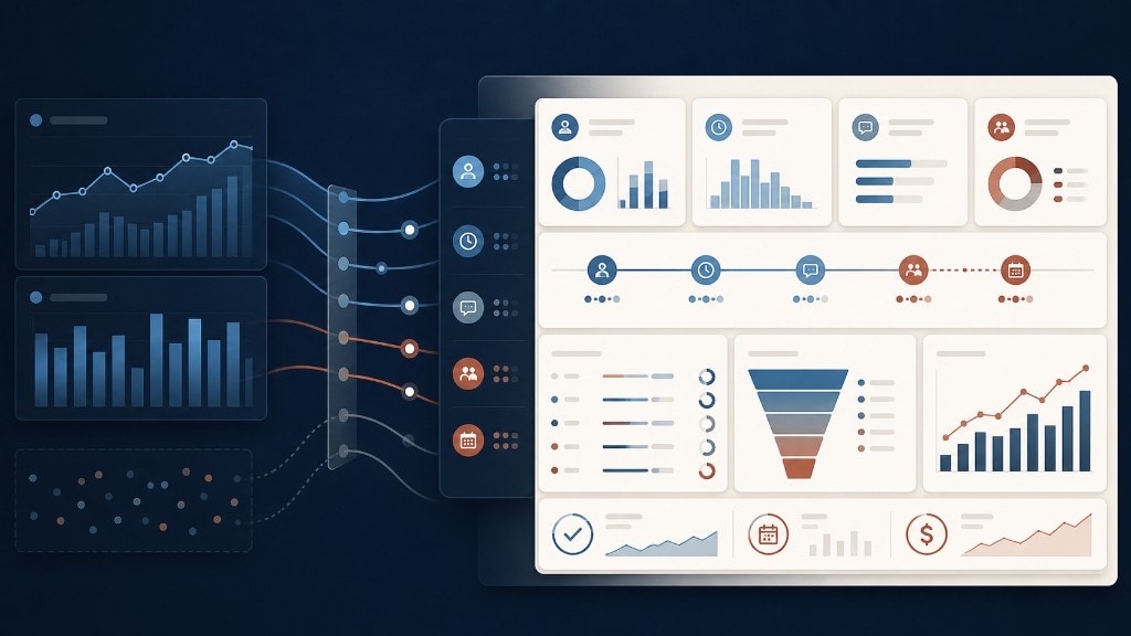 Illustrated reporting system comparing simple click metrics with deeper booked-work signals like lead quality, response speed, and handoff visibility.