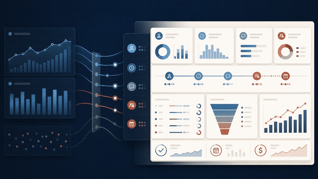 Illustrated reporting system comparing simple click metrics with deeper booked-work signals like lead quality, response speed, and handoff visibility.