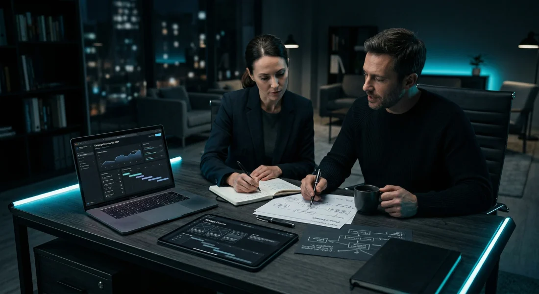 Workers at a service business desk: laptop, monitor, and clipboard with the day's schedule.