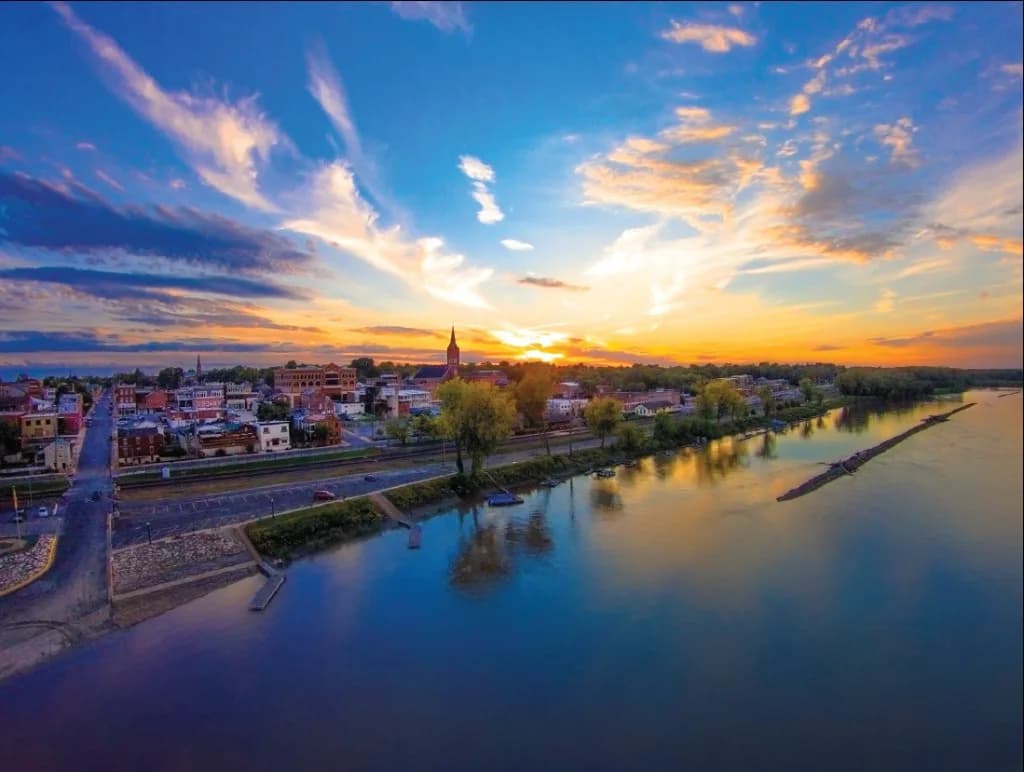 Aerial view of downtown Washington, Missouri and the Missouri River at sunset