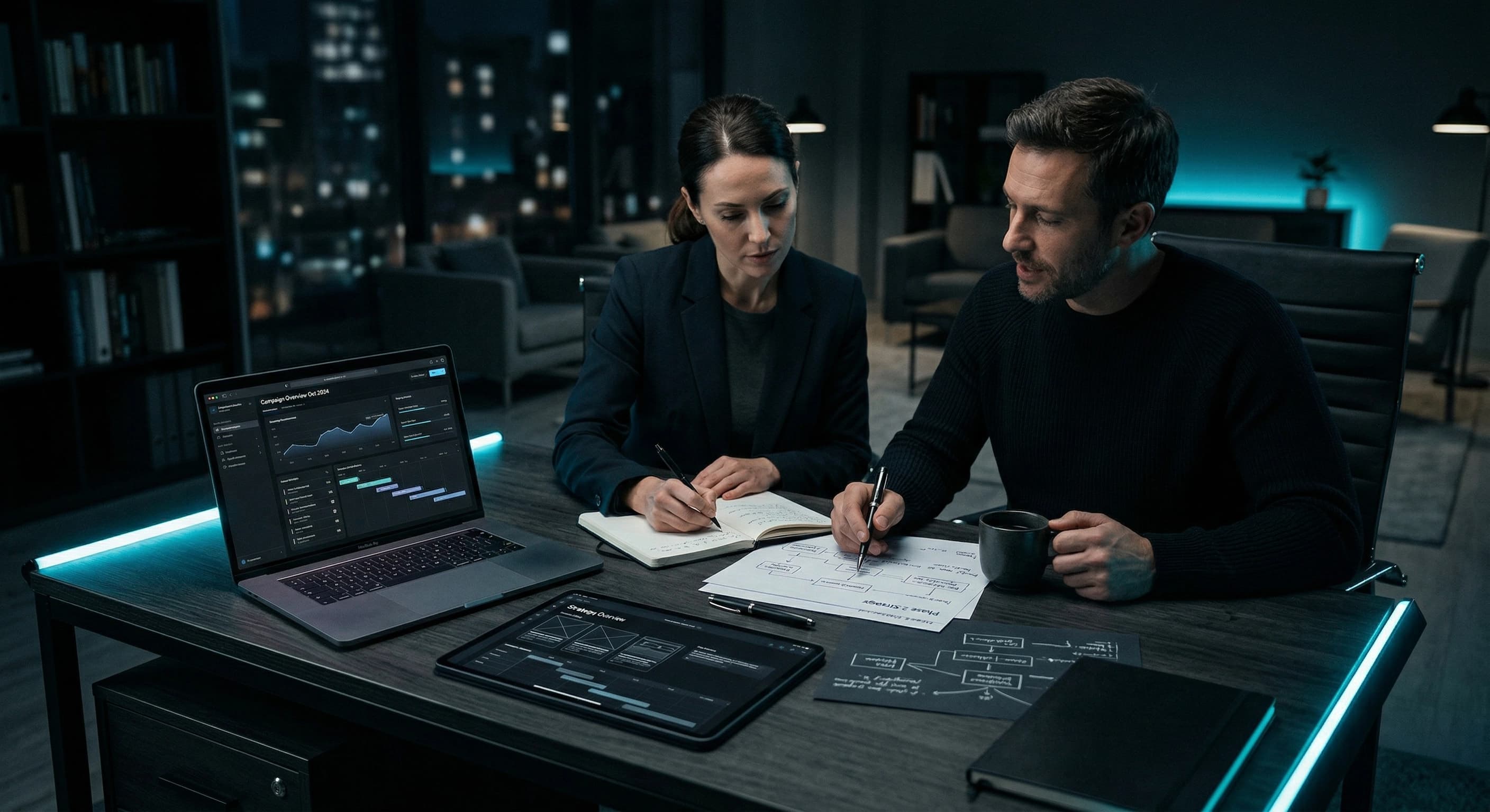 Service business workspace with laptop, monitor, and scheduling clipboard