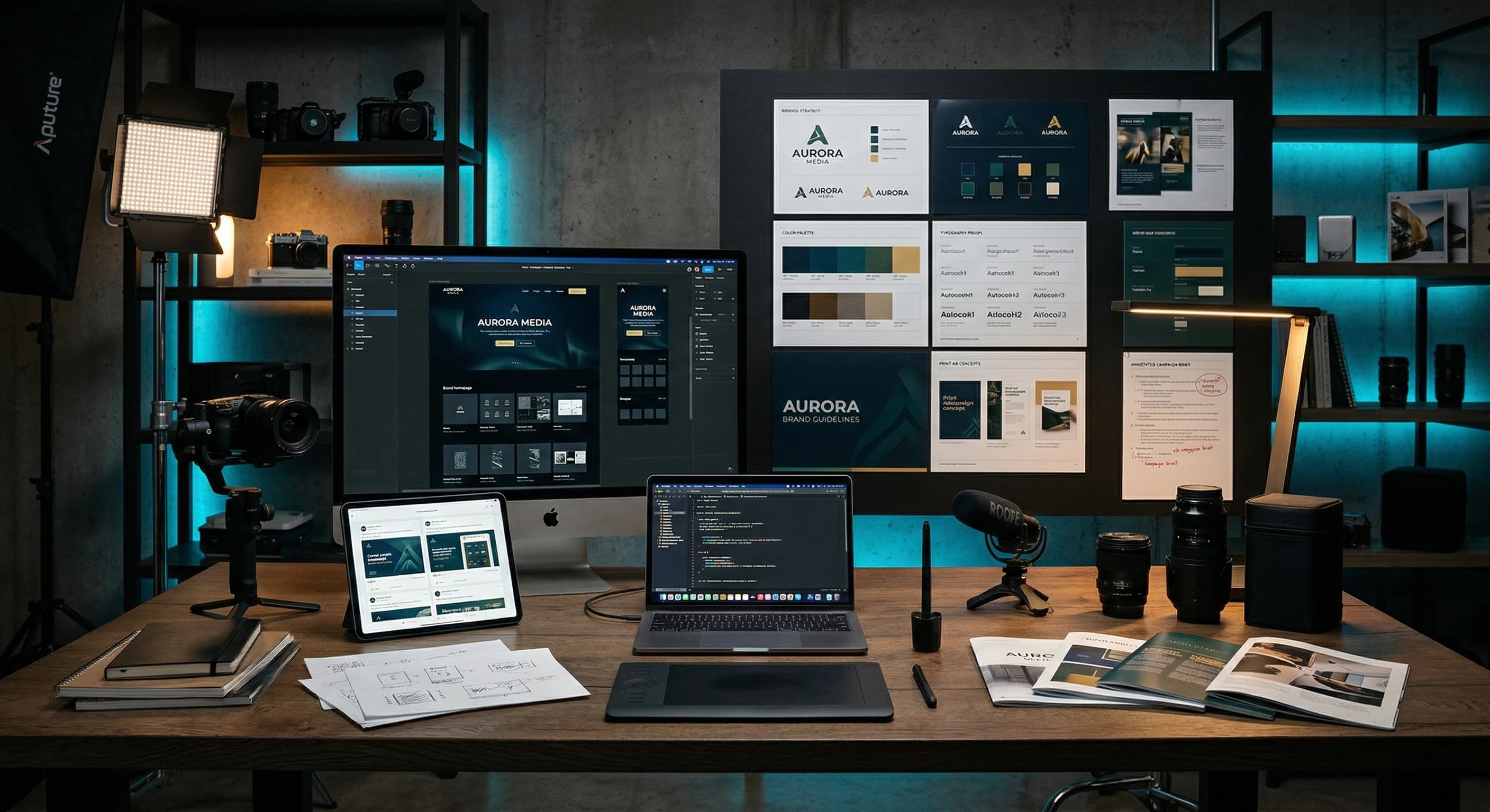 Project review workstation with monitors, notes, and scope planning for a local marketing engagement