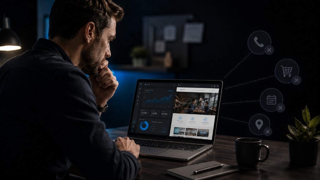 Local business owner reviewing website analytics and disconnected calls, orders, bookings, and visit signals.