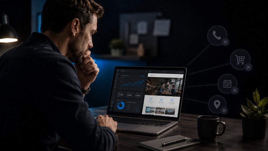 Local business owner reviewing website analytics and disconnected calls, orders, bookings, and visit signals.