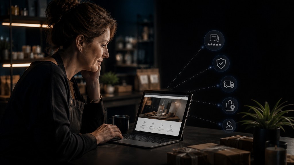 Local shop owner reviewing an online storefront with trust, reviews, delivery, location, and customer confidence signals.