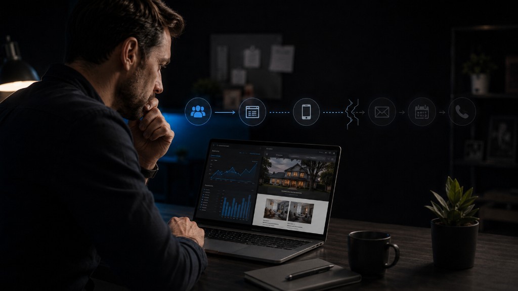 Business owner reviewing a customer journey where the path from website visit to follow-up breaks before the next step.
