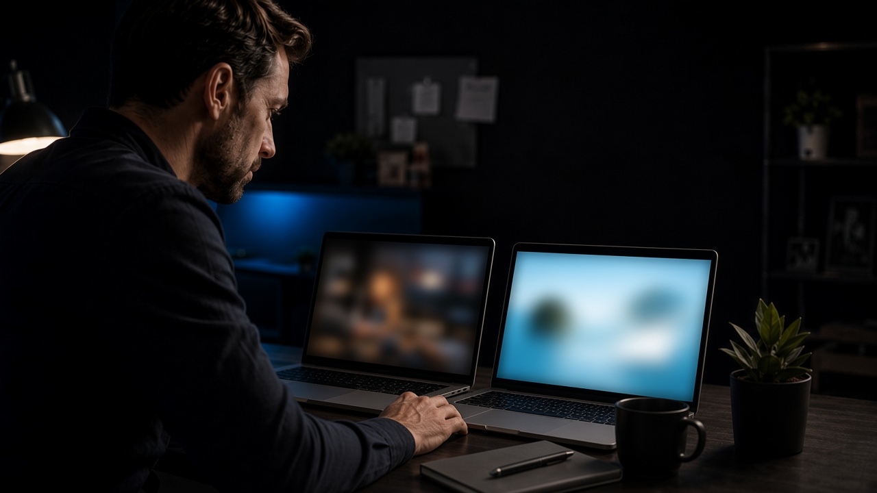 Business owner at a dim desk looking at two laptops with blurred screens.
