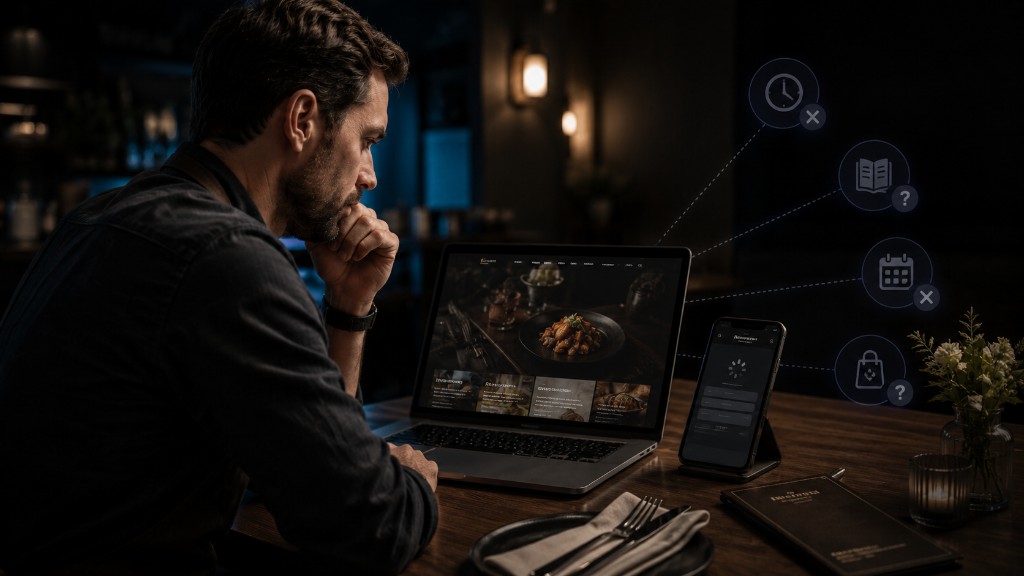 Restaurant owner reviewing a website and mobile ordering path with menu, hours, booking, and takeout friction signals.