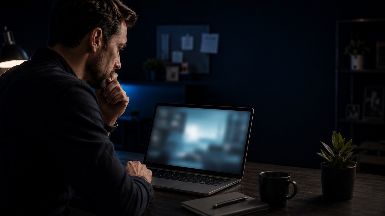 Business owner at a dim desk looking at a laptop with a blurred screen.