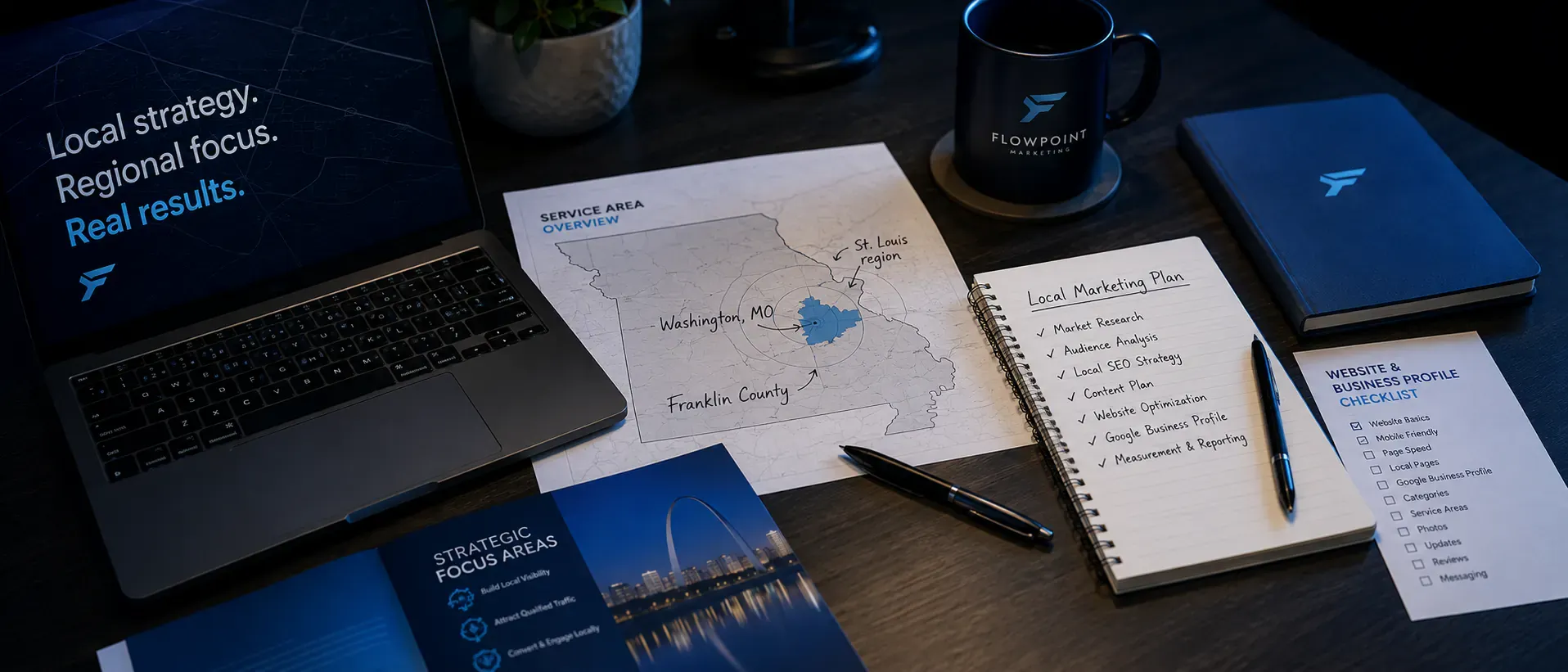 Local marketing strategy planning desk with service-area notes, website outline, and regional visibility checklist
