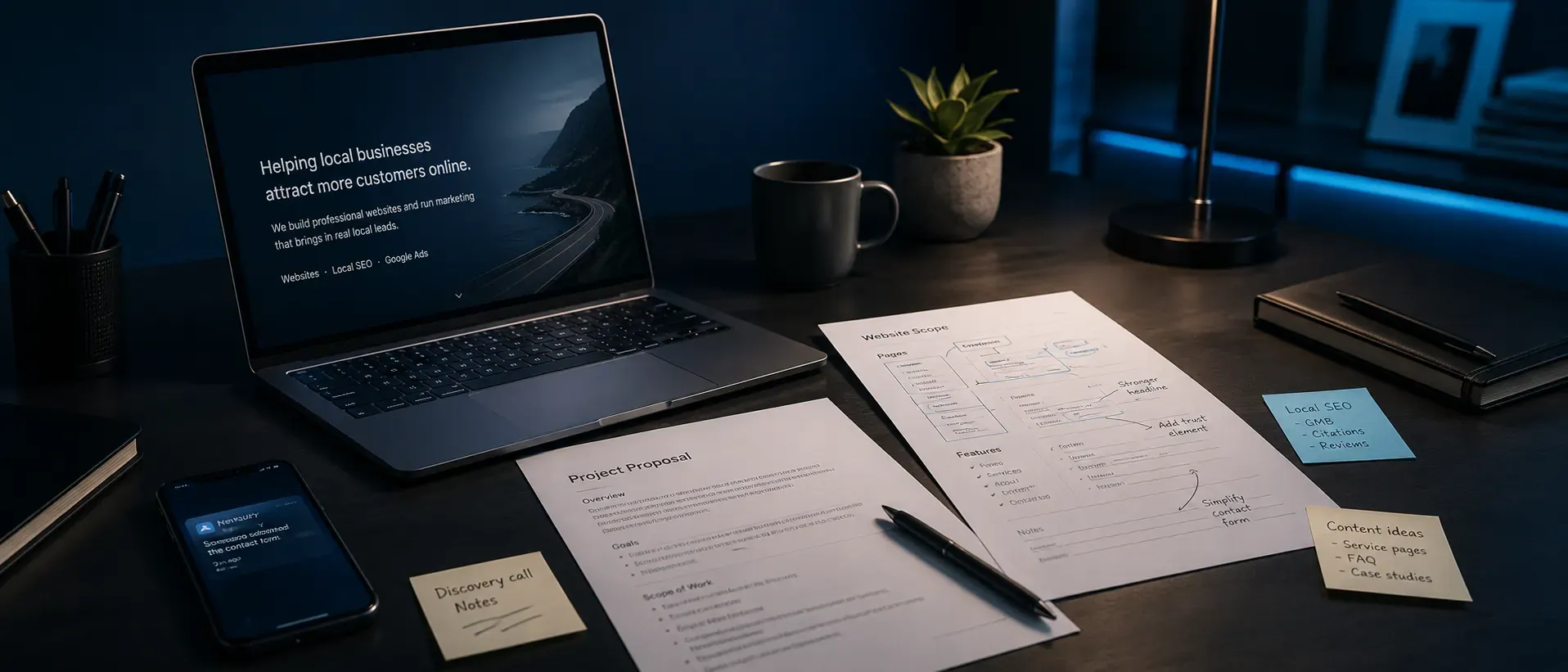 Flowpoint Marketing pricing scope desk with website plan, deliverables checklist, and project notes for a local business website