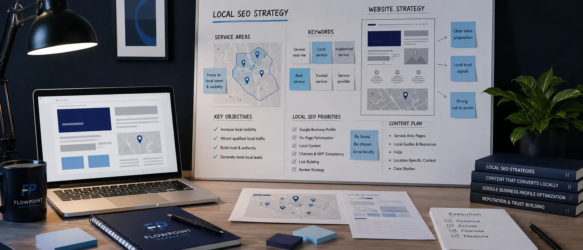 Local foundation planning desk with service-area map cards, profile notes, and website outline