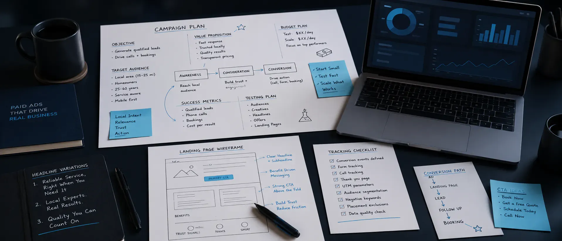 Paid media planning desk with campaign notes, landing page wireframe, and tracking checklist for local ads