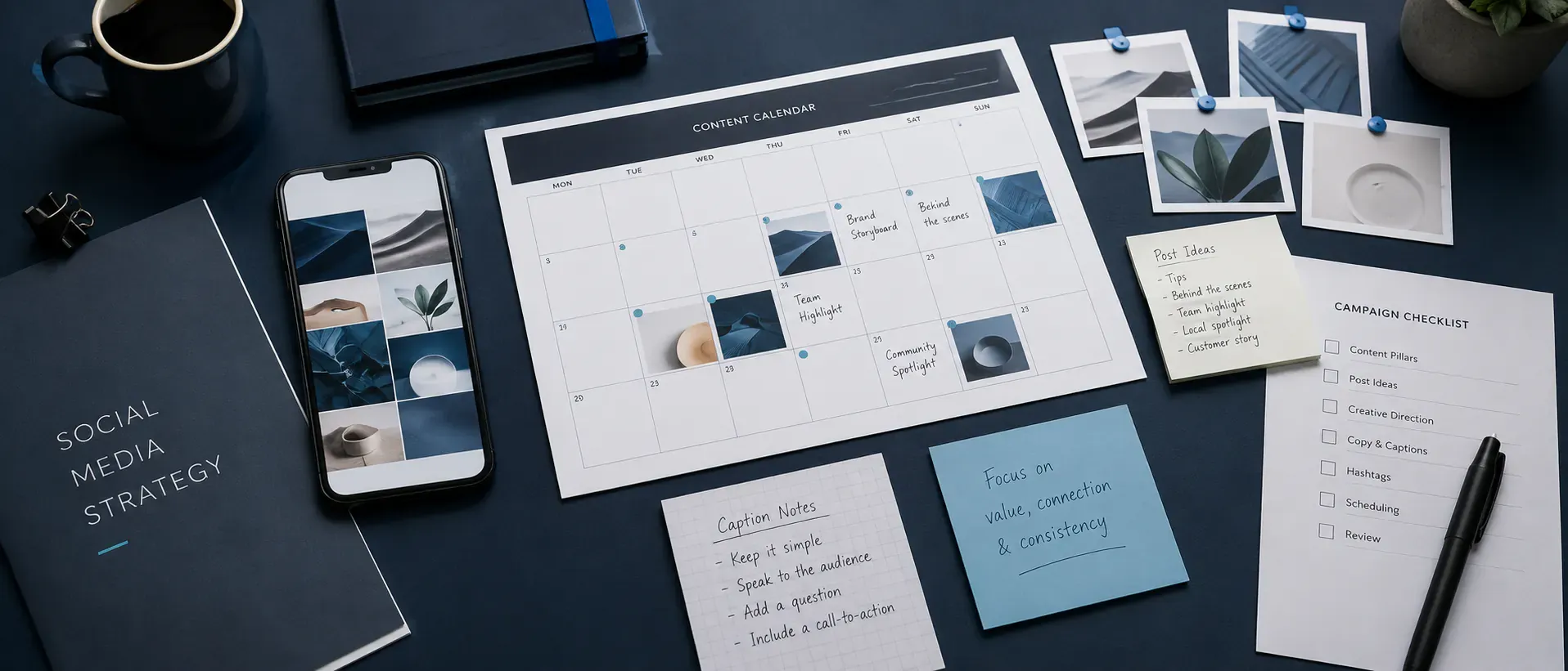 Social media marketing planning desk with content calendar cards, brand notes, and post planning board
