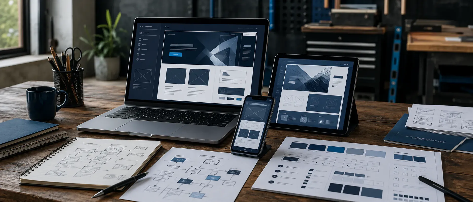 Website design planning board with device stack, sitemap outline, and local business website structure notes