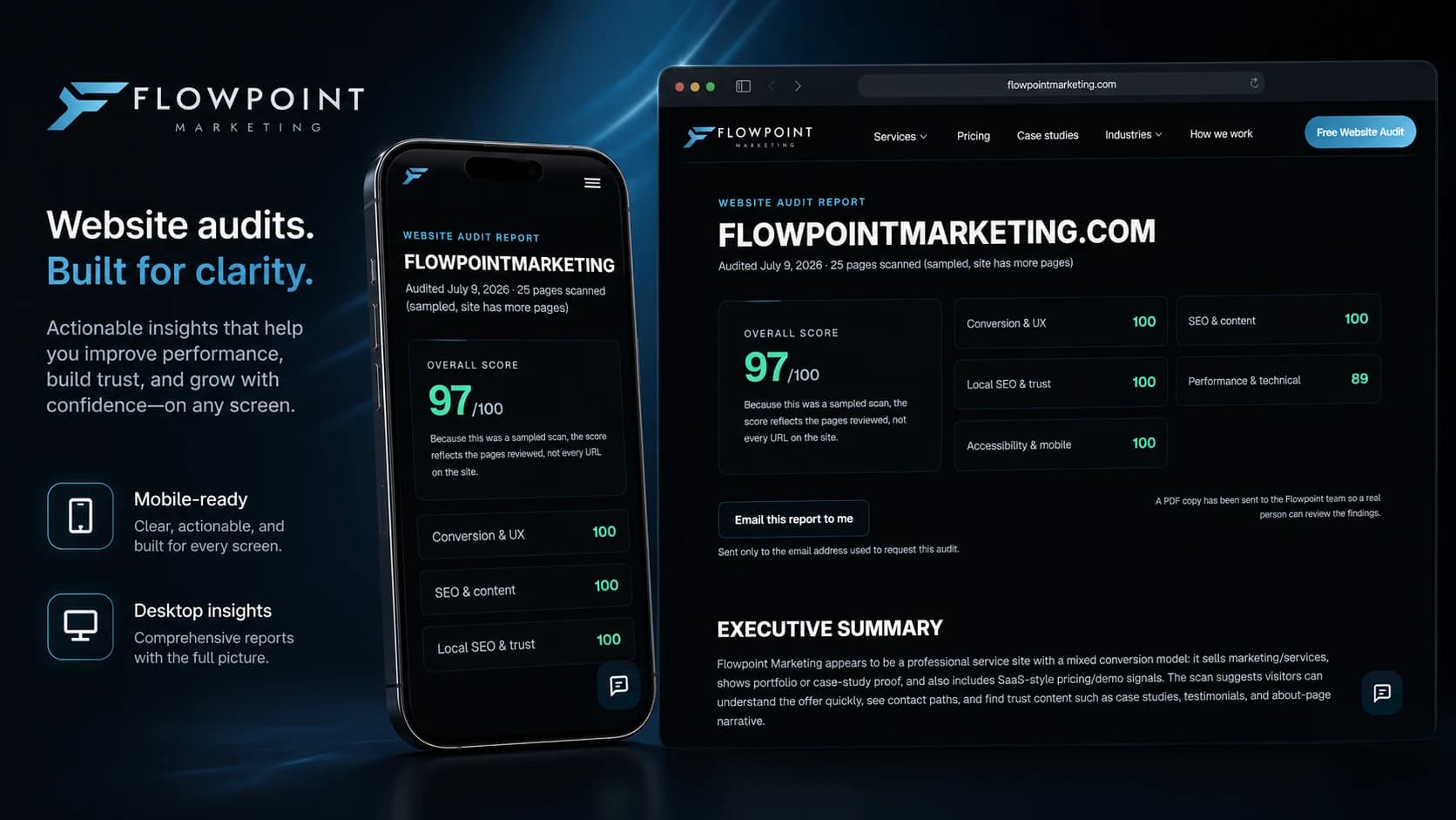 Mobile and desktop views of a Flowpoint website audit sample report